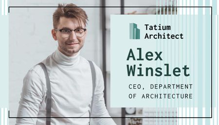 Platilla de diseño Architect Contacts with Smiling Man in Office Business Card US