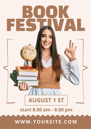 Plantilla de diseño de Anuncio del festival del libro con una mujer sosteniendo libros y un globo terráqueo Poster 