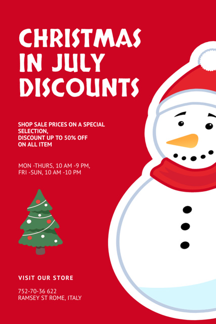 Discount for Christmas in July with Snowman and Tree Flyer 4x6in Design Template