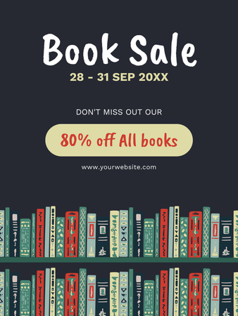 All Books Sale Ad with Bookshelves on Blue Poster US Design Template