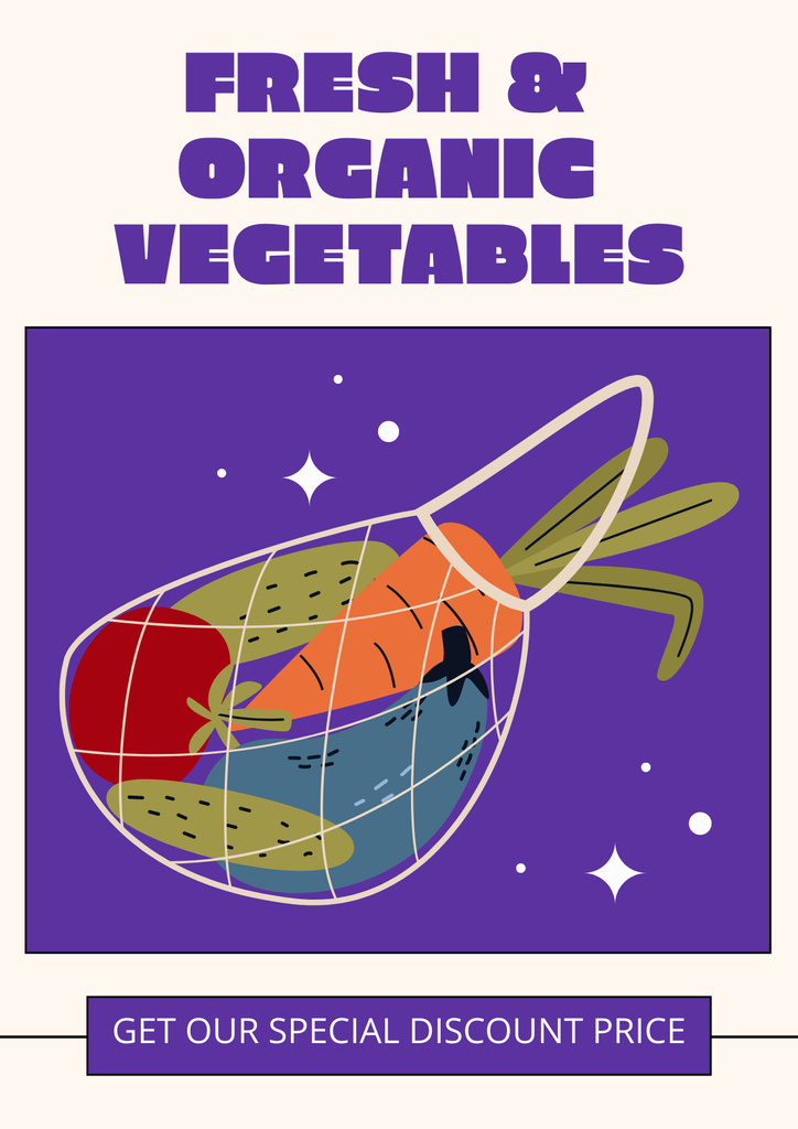 Grocery Store Ad with Fresh Ripe Vegetables in String Bag Poster Design Template
