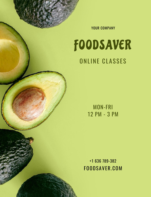 Platilla de diseño Healthy Nutrition Classes Announcement with Avocado on Green Invitation 13.9x10.7cm