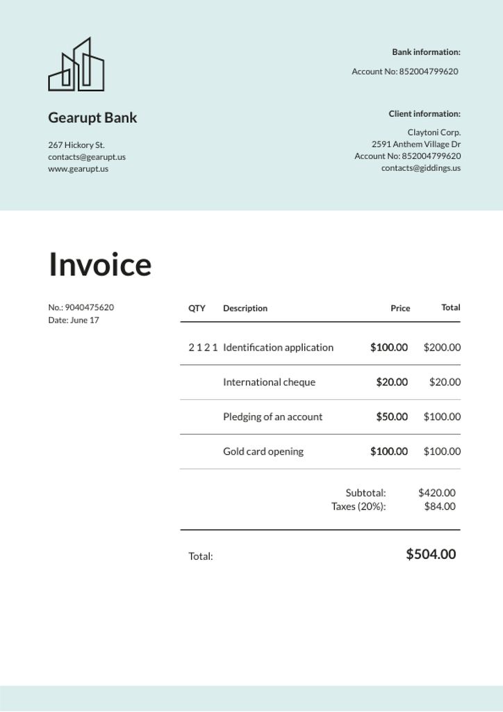 Bank Services on White Invoice – шаблон для дизайна