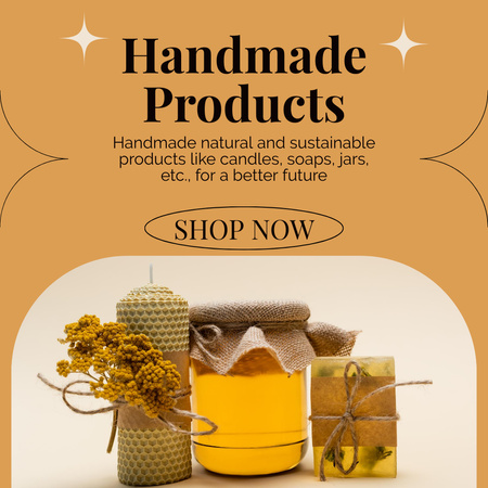 Käsintehtyjen tuotteiden mainos, jossa on kynttilöitä sekä hunajaa ja saippuaa Instagram Design Template