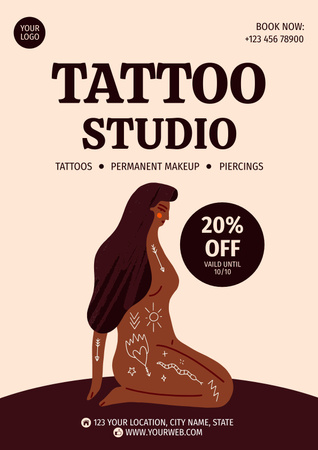 Tattooing And Piercing Services In Studio With Discount Poster Design Template