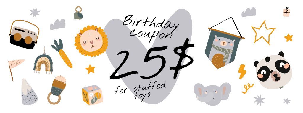 Birthday Offer with Cute Toys Illustration Couponデザインテンプレート