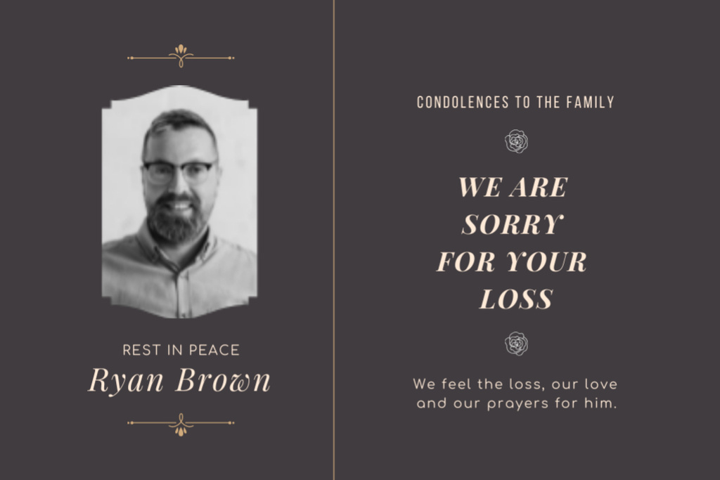 Template di design We are Sorry for Your Loss with Man in Glasses Postcard 4x6in