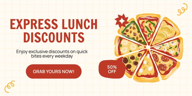 Ad of Express Lunch Discounts with Illustration of Pizza Twitter Modelo de Design