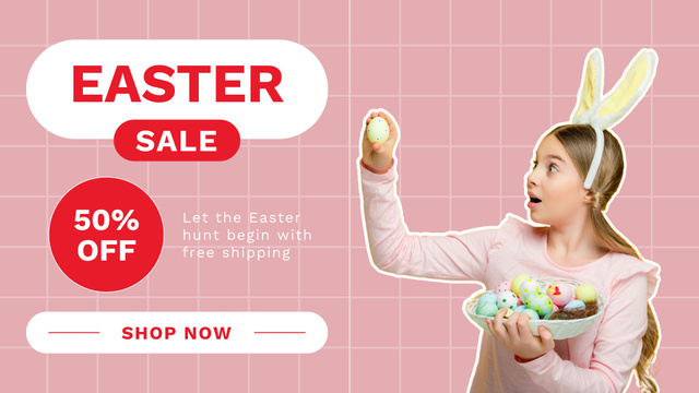 Ontwerpsjabloon van FB event cover van Cute Girl with Bunny Ears for Easter Sale Promotion