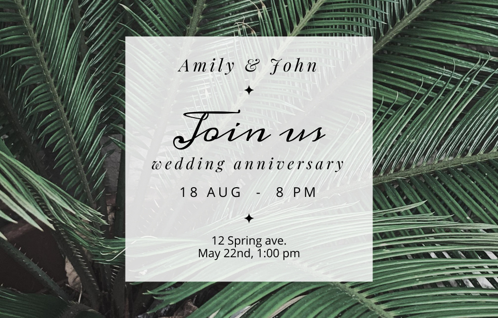 Wedding Anniversary With Fresh Tropical Leaves Invitation 4.6x7.2in Horizontal Design Template