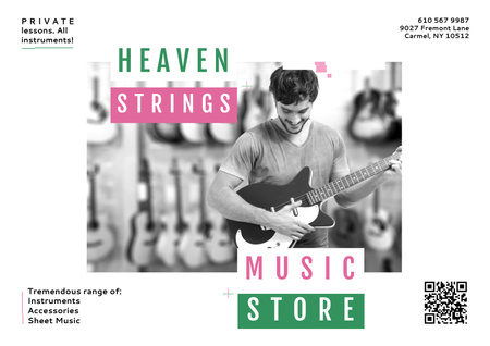 Ontwerpsjabloon van Poster A2 Horizontal van Muziekwinkel Speciale aanbieding met gitaarspelende man