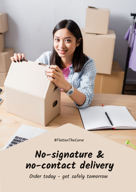 Plantilla de diseño de #FlattenTheCurve Delivery Services offer Woman with boxes Poster 