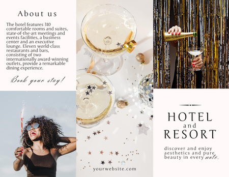 Resort Ad with Young Woman and Festive Champagne Brochure 8.5x11in Z-fold Design Template