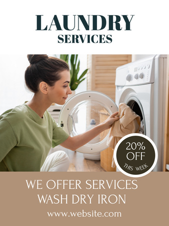 Oferta de desconto para serviços de lavanderia com mulher em casa Poster US Modelo de Design