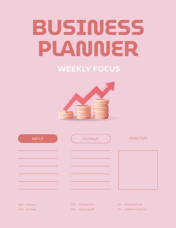 Business Planner with Growing Arrow on Pink Notepad 8.5x11in Design Template