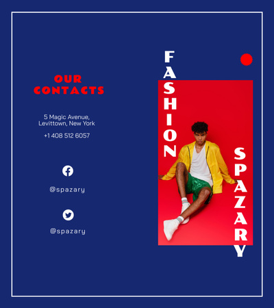 Designvorlage Modewerbung mit stilvollem jungen Mann auf Blau für Brochure 9x8in Bi-fold