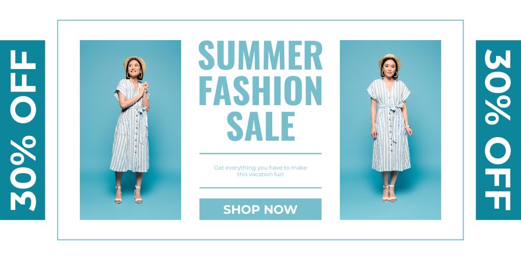 Summer Fashion Sale Ad with Happy Asian Woman Twitter Design Template