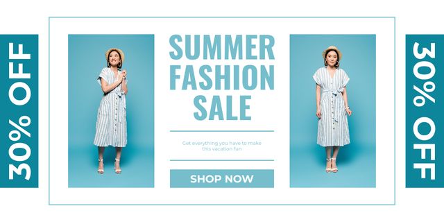 Summer Fashion Sale Ad with Happy Asian Woman Twitter Design Template