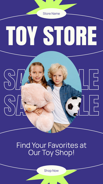 Toy Store Ad with Boy and Girl on Purple Instagram Story Design Template