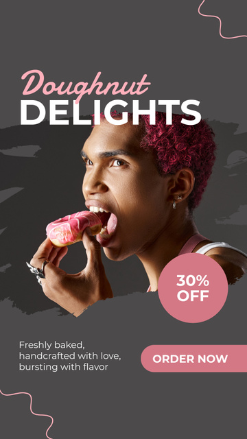 Doughnut Delights Ad with Young Man eating Donut Instagram Story tervezősablon