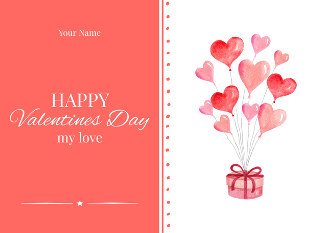 Valentine's Day Greeting with Gift and Balloons Postcard Tasarım Şablonu