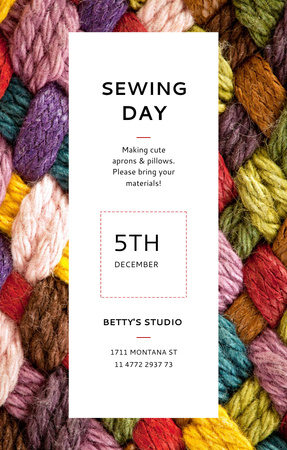 Sewing Day Event With Colorful Yarn Invitation 4.6x7.2in Design Template