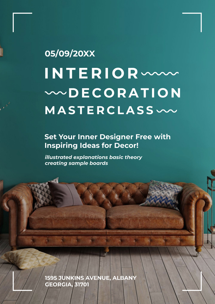 Interior Design Masterclass Announcement with Pillows on Sofa Poster B2デザインテンプレート