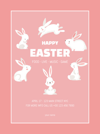 Pembe üzerinde Sevimli Paskalya Tavşanları ile Paskalya Kutlama Duyurusu Poster US Tasarım Şablonu
