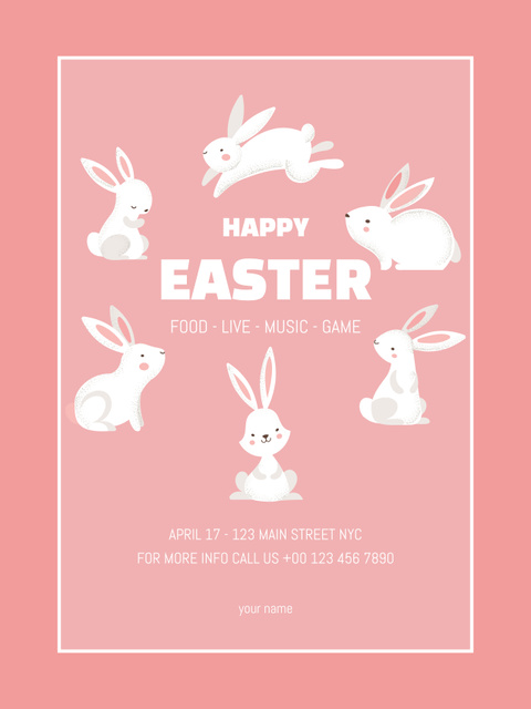 Easter Celebration Announcement with Cute Easter Bunnies on Pink Poster US Modelo de Design