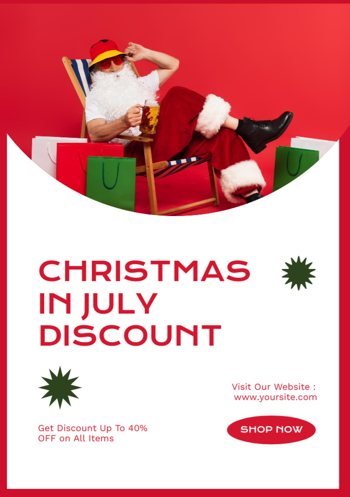 Christmas Discount in July with Merry Santa Claus with Shopping Bags Flyer A5 – шаблон для дизайна
