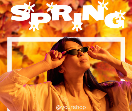 Spring Sale Announcement with Young Asian Woman Facebook Design Template