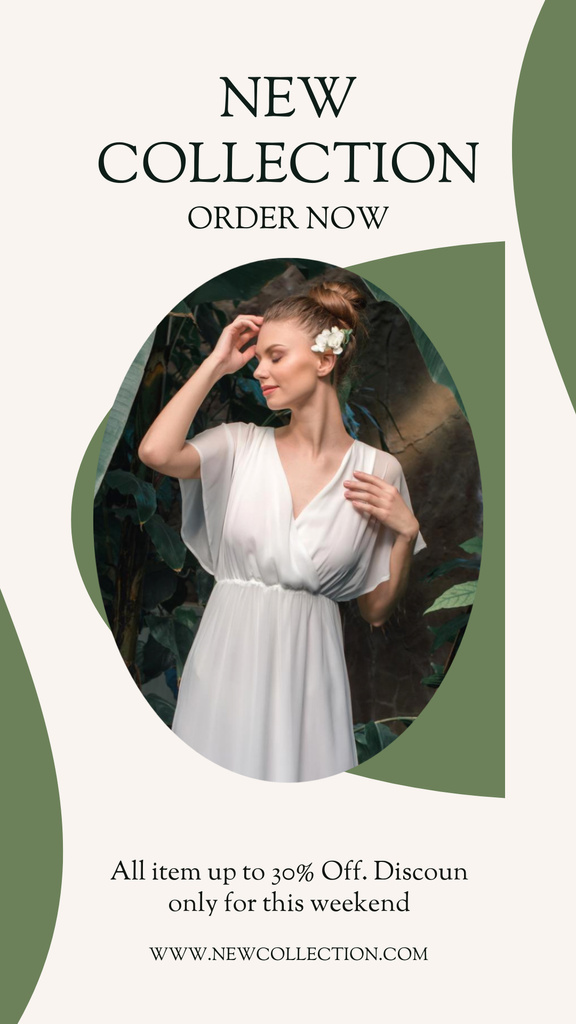 New Clothing Collection Ad with Young Woman in White Dress Instagram Story Πρότυπο σχεδίασης
