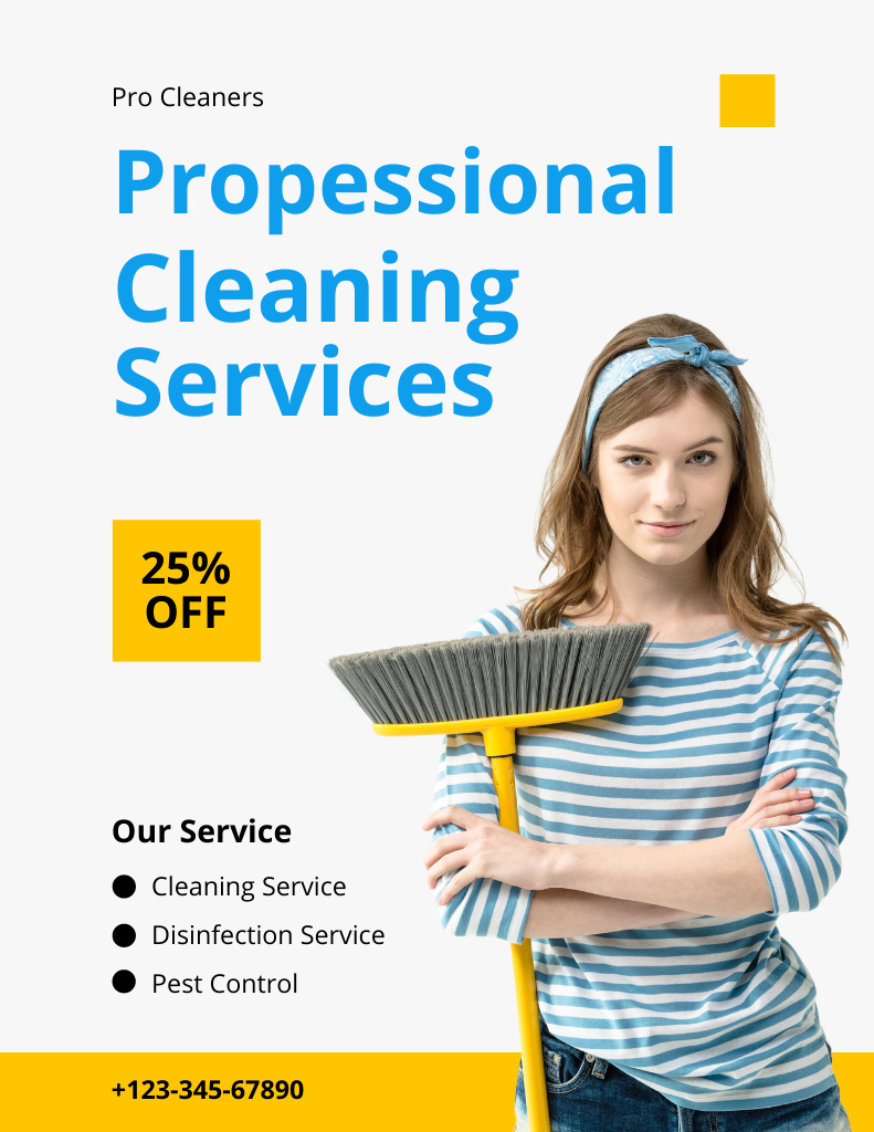 Ontwerpsjabloon van Flyer 8.5x11in van Efficient Cleaning Services Offer With Discount And Broom