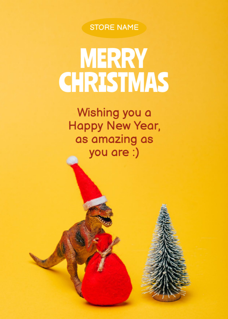 Awesome Christmas and New Year Greeting with Dinosaur with Bag of Gifts Postcard 5x7in Vertical – шаблон для дизайну