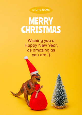 Template di design Awesome Christmas and New Year Greeting with Dinosaur with Bag of Gifts Postcard 5x7in Vertical