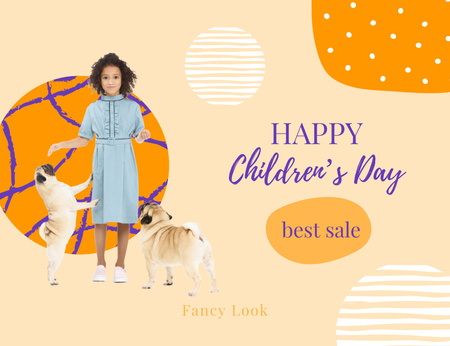 Platilla de diseño Children's Day Offer with Cute Girl with Dogs Thank You Card 5.5x4in Horizontal