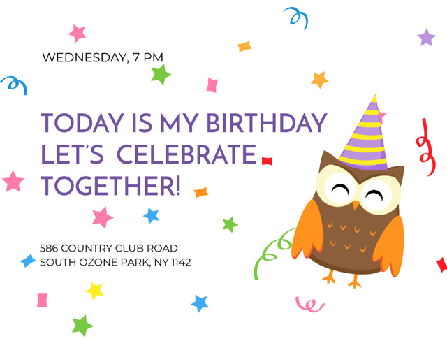 Modèle de visuel Birthday Party Celebration With Owl - Postcard 4.2x5.5in