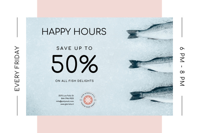 Ontwerpsjabloon van Poster 24x36in Horizontal van Happy Hours Offer On Fish Delights On Friday