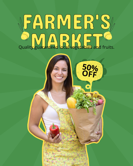 Happy Woman Farmer Offering Discount on Vegetables Instagram Post Vertical Tasarım Şablonu