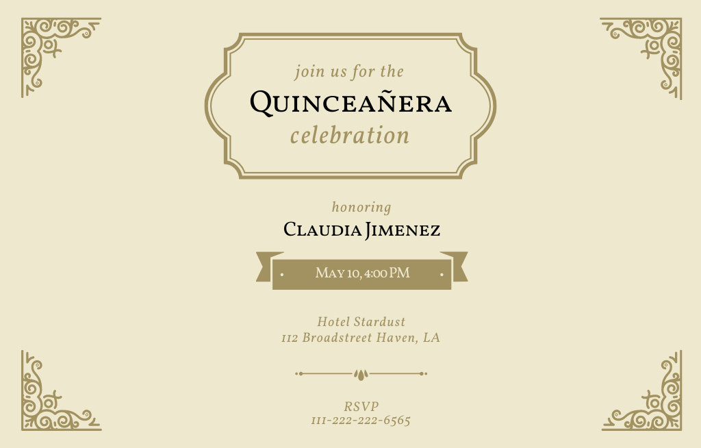 Glamorous Quinceañera Celebration Announcement With Ornaments Invitation 4.6x7.2in Horizontal Design Template