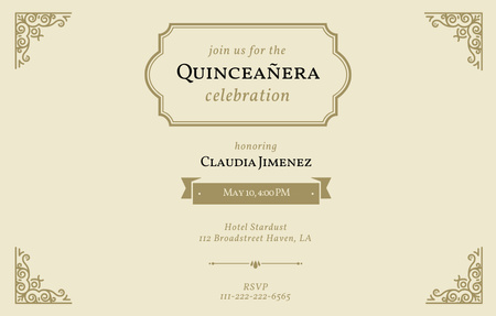 Szablon projektu Ogłoszenie o uroczystej uroczystości Quinceañera z ozdobami Invitation 4.6x7.2in Horizontal