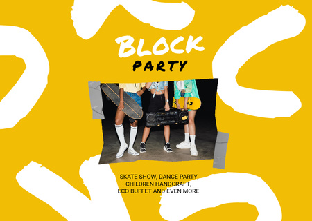 Block Party Announcement with Youth and Boombox Flyer A6 Horizontal Design Template