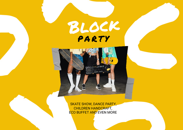 Designvorlage Block Party Announcement with Youth and Boombox für Flyer A6 Horizontal