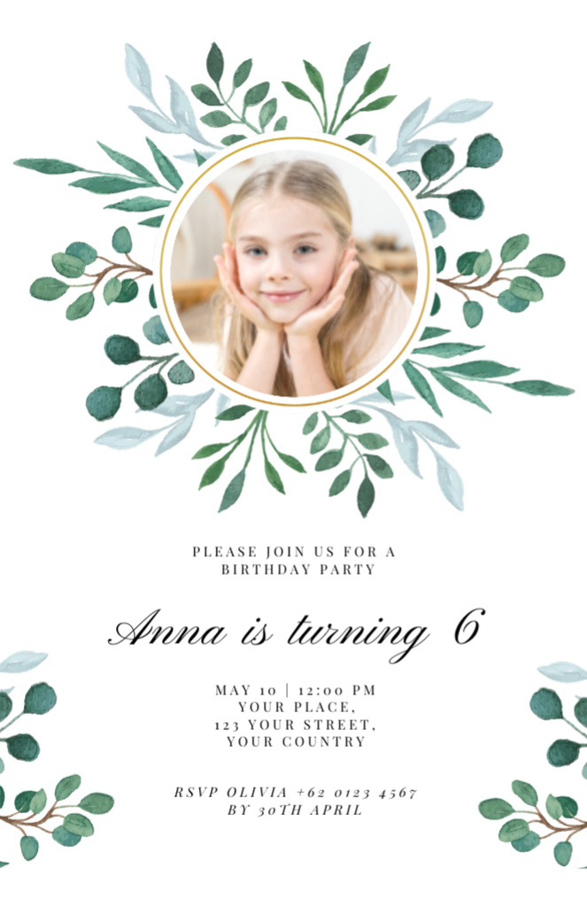 Little Girl Birthday Party Announcement With Green Twigs Invitation 5.5x8.5in Design Template