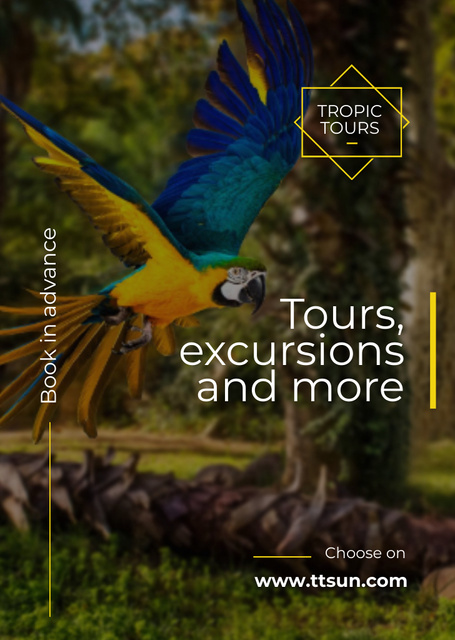 Template di design Exotic Tours Ad with Blue Macaw Parrot Flyer A6