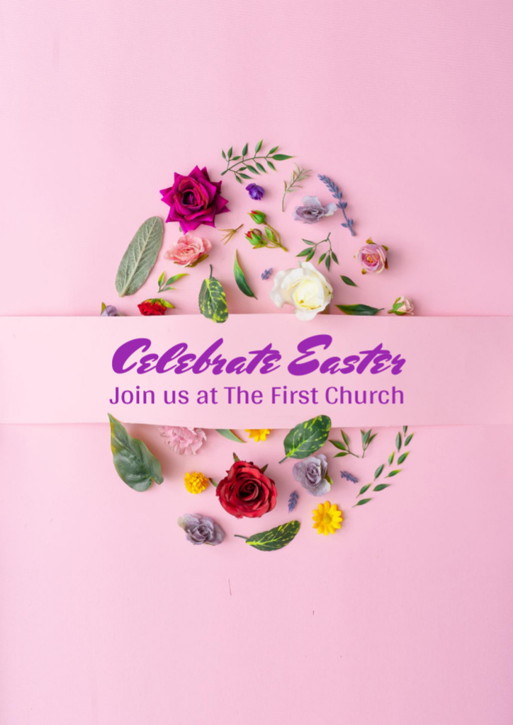 Easter Invitation with Egg Shape made with Spring Flowers Flyer A4 Tasarım Şablonu