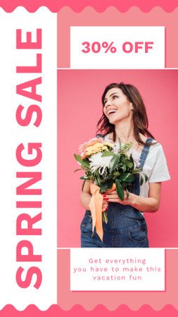 Spring Sale with Young Woman with Bouquet of Flowers Instagram Story Design Template