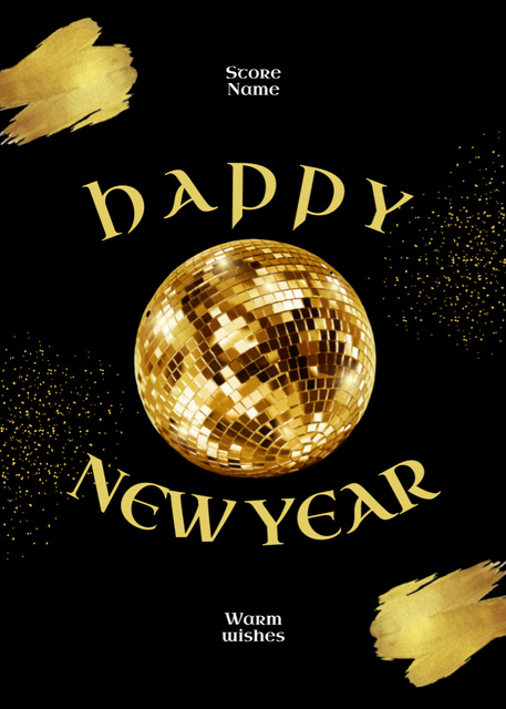 Designvorlage New Year Holiday Greeting with Bright Golden Disco Ball für Postcard 5x7in Vertical