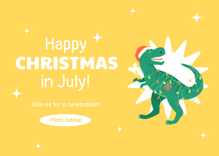 Christmas in July Party Ad with Dinosaur in Santa Hat Postcard Design Template