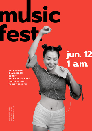 Music Fest Announcement with Cheerful Girl Poster A3 – шаблон для дизайну